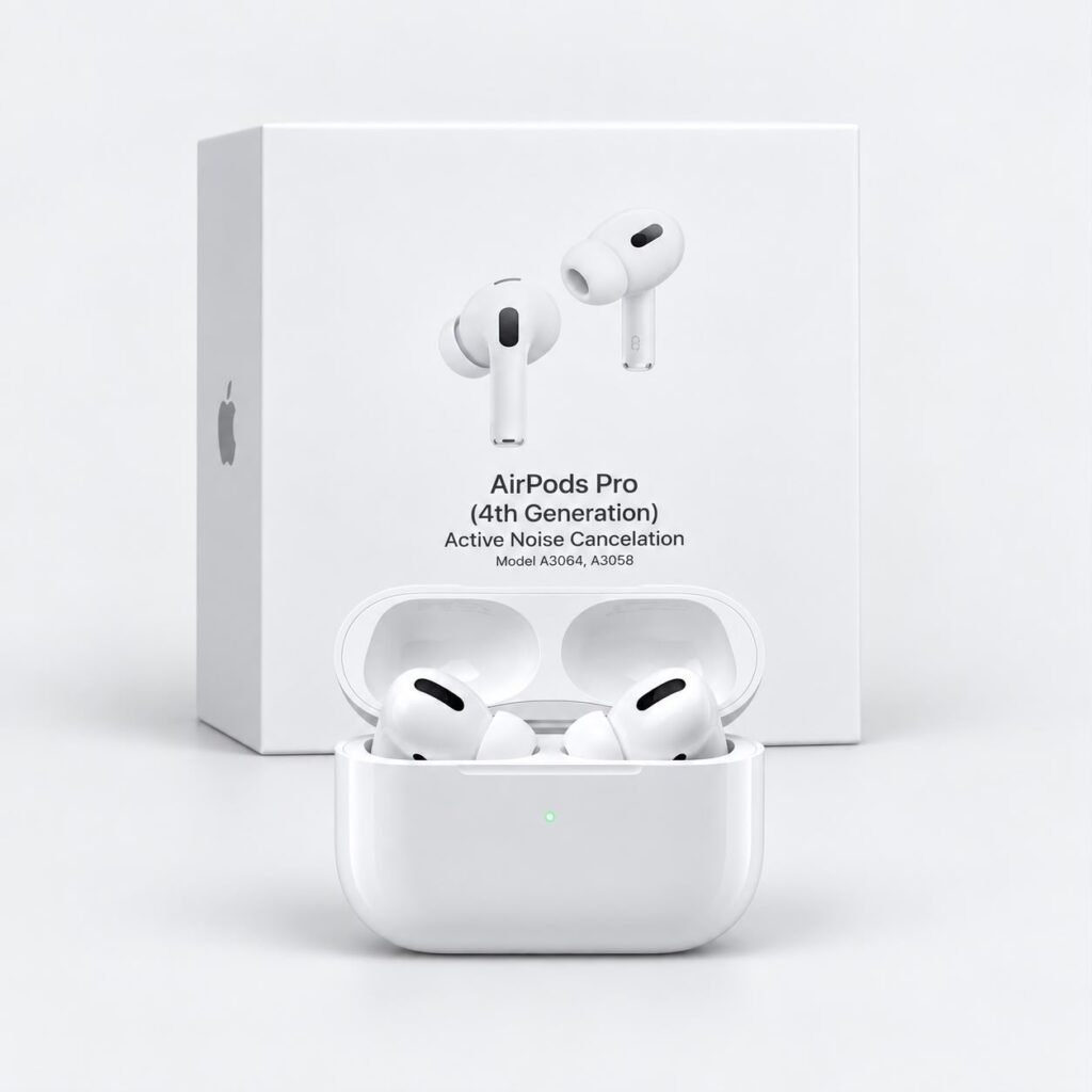 Airbuds Pro 4 retail box behind white charging case with both earbuds