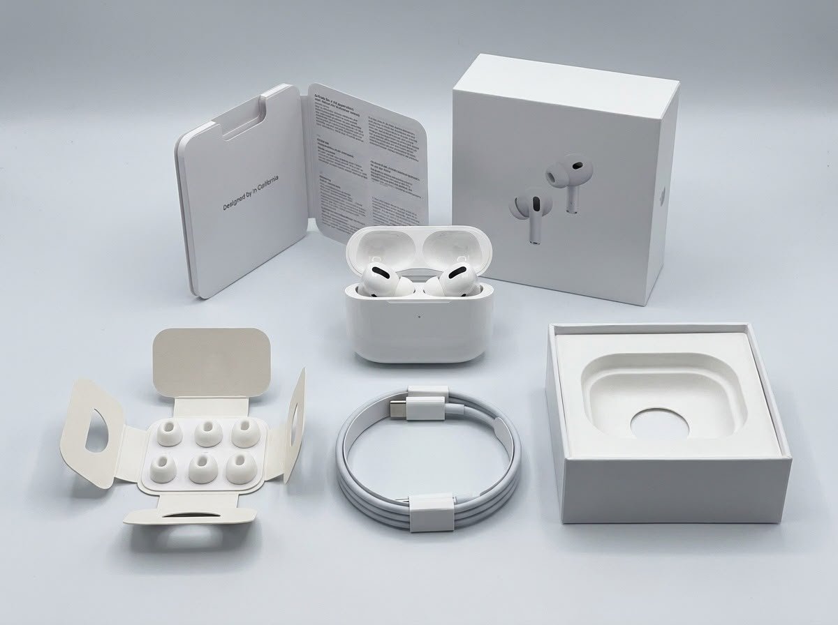 Wireless earbuds, charging case, cable and ear tips in the box