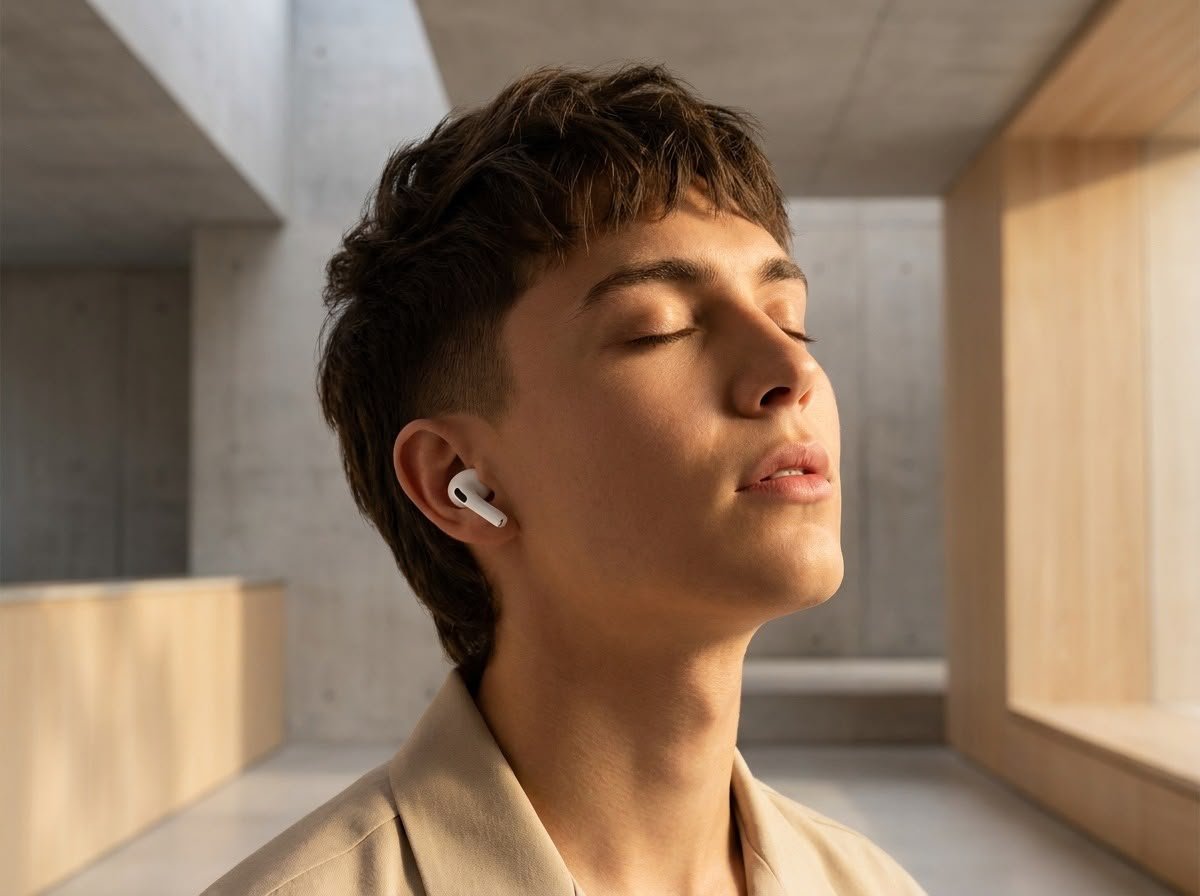 Person listening to white wireless earbuds in natural light