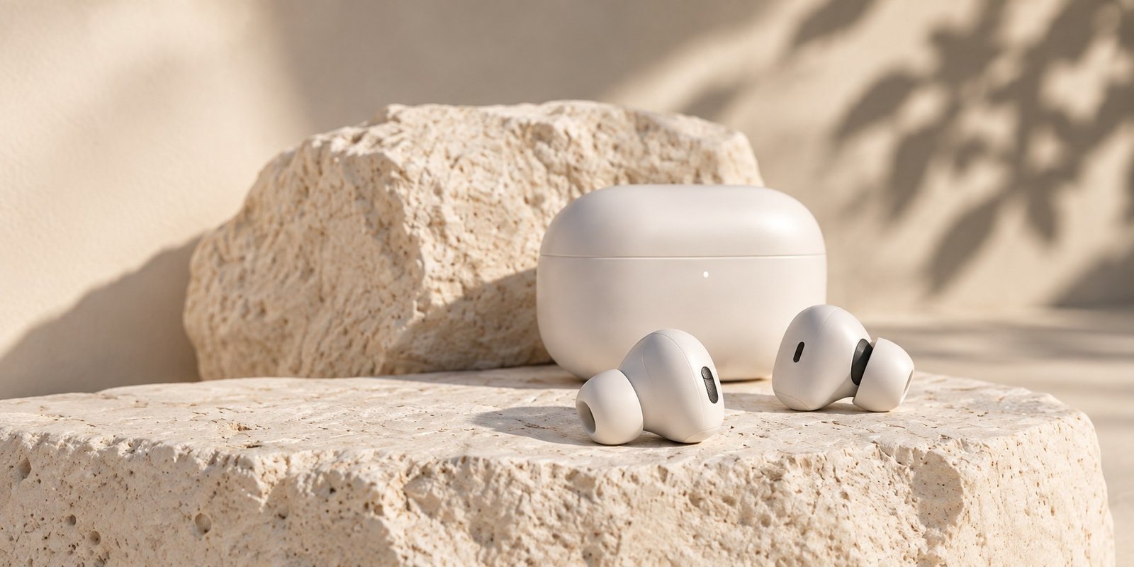 White wireless earbuds and charging case on sunlit limestone