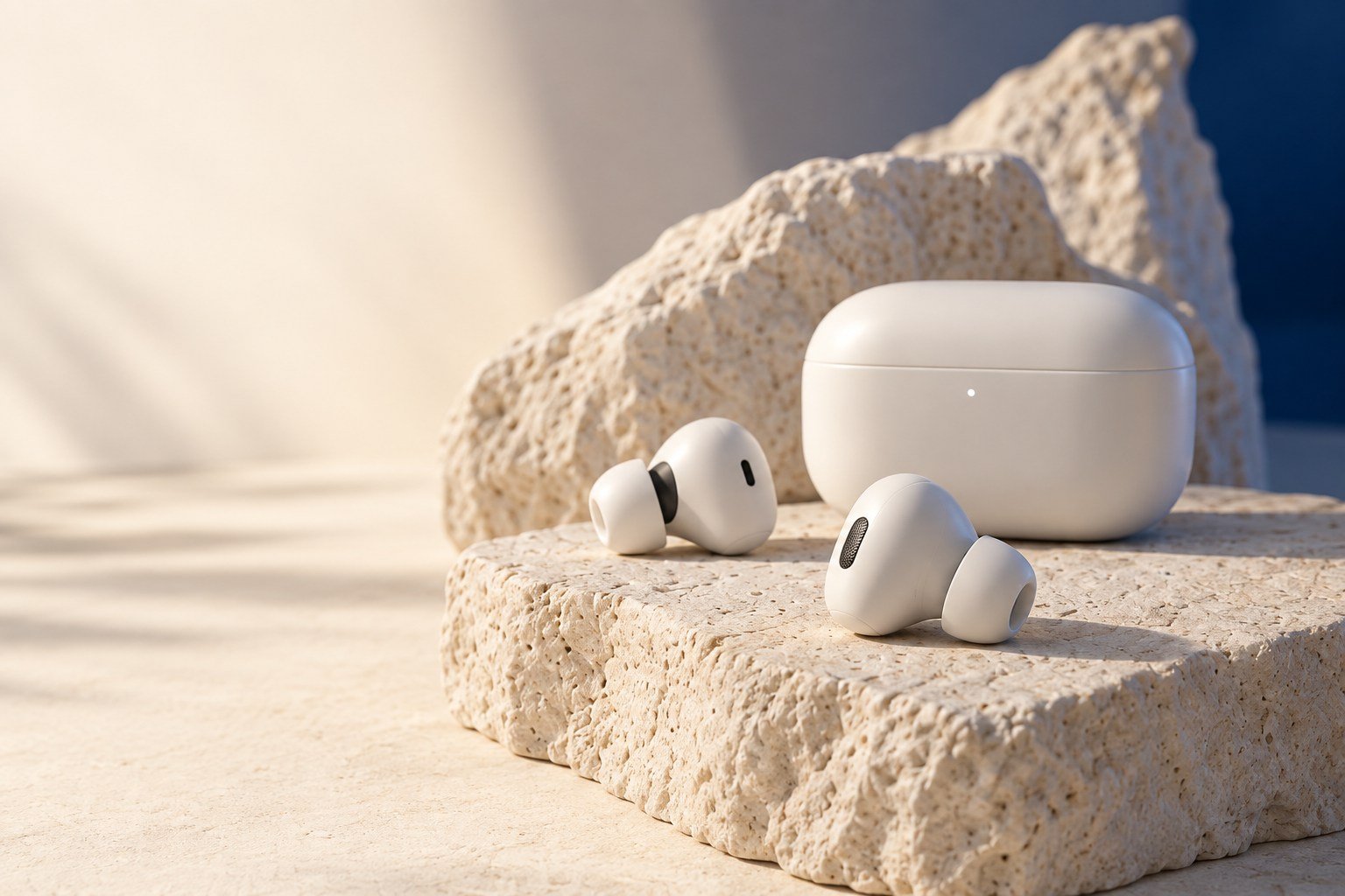 White wireless earbuds and charging case arranged on warm limestone