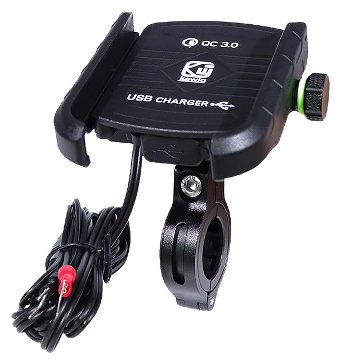 Black handlebar phone mount with a built-in USB charger