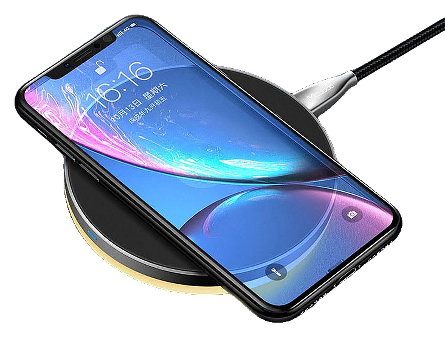 Phone resting on a round wireless charging pad with a glowing ring